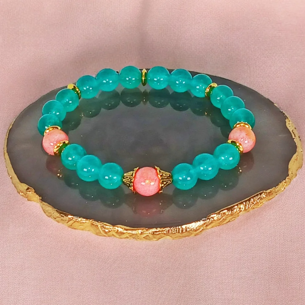Teal Chrysoprase Peach Jade Stretch Bracelet Western Aztec Southwestern Beachy